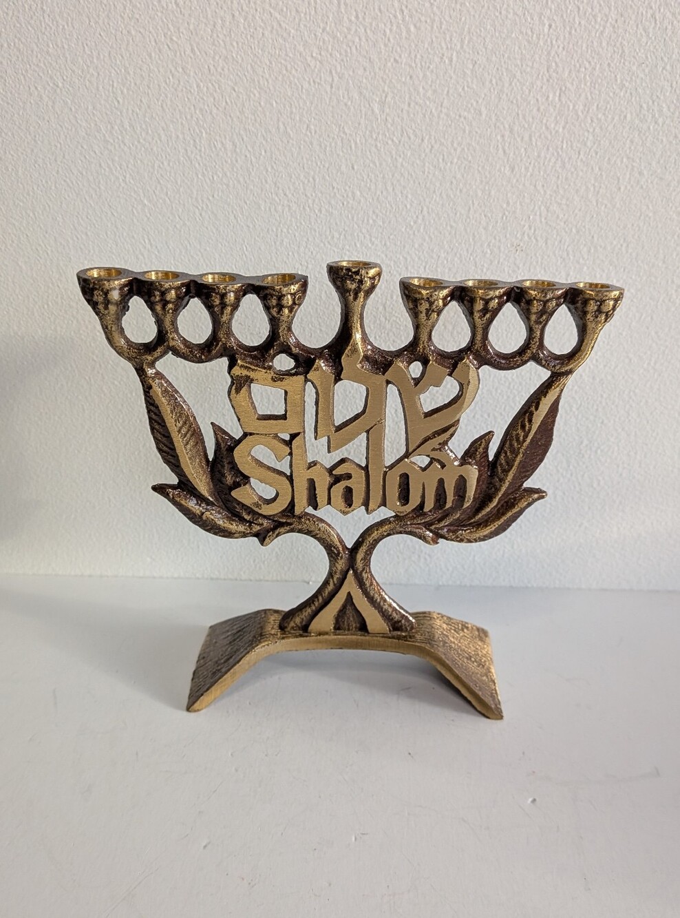 Vintage Brass Shalom Hanukkah Menorah Olive Branch Judaica Chanukiah Peace